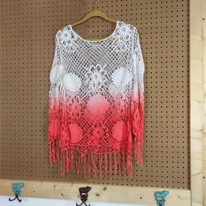 Dip dyed net crochet top coral and white size L